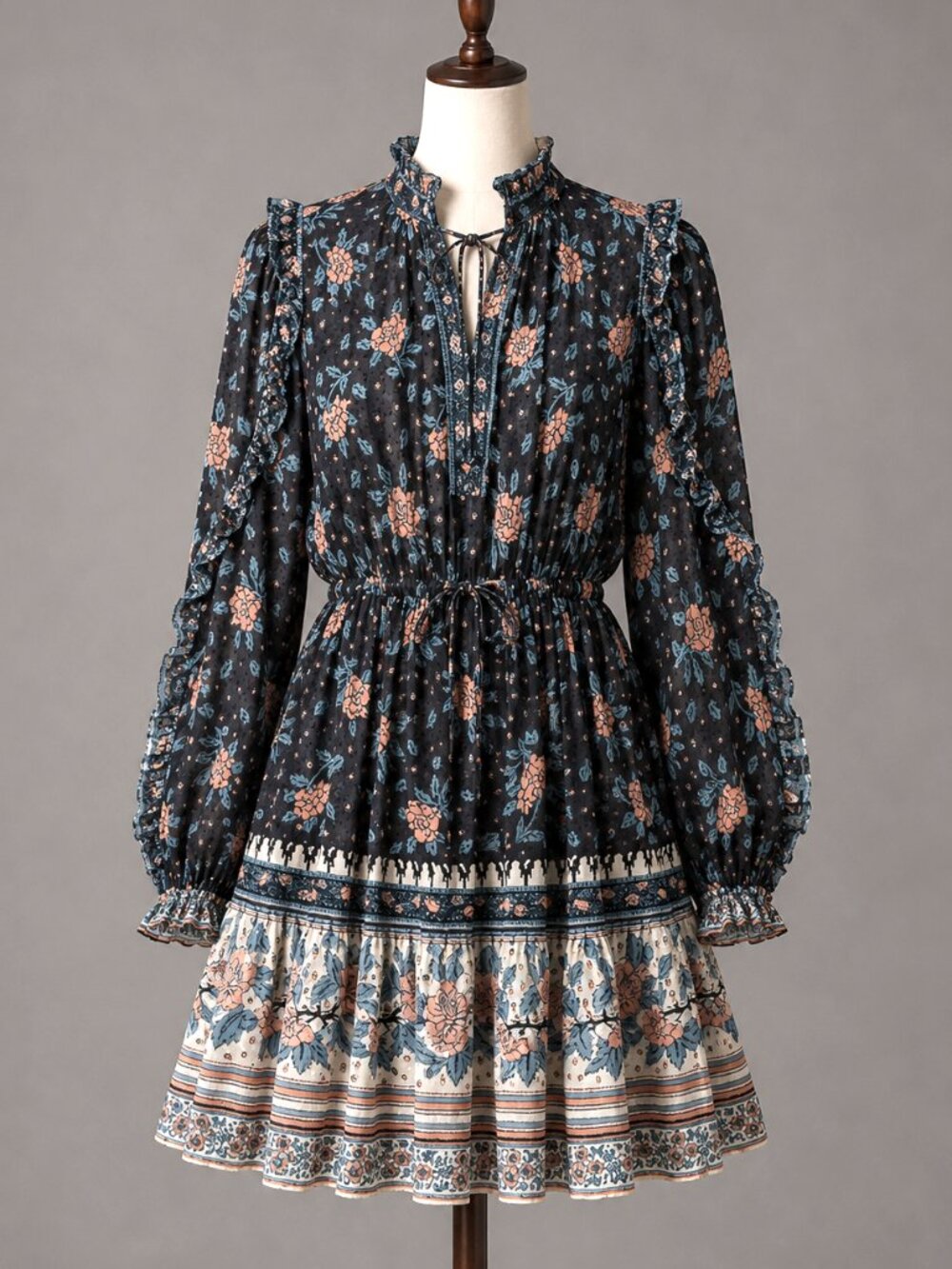 Ulla Johnson‎ Dress Womens 2 Black Floral Long Sleeve Mini Ruffle Boho Silk Dani